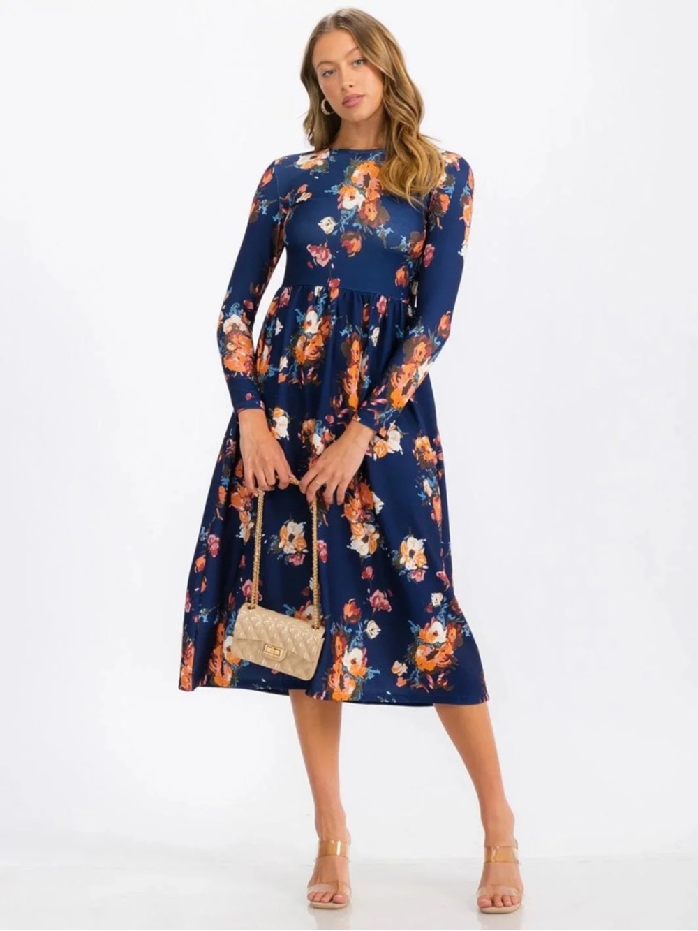 Navy Floral Long Sleeve Midi Dress